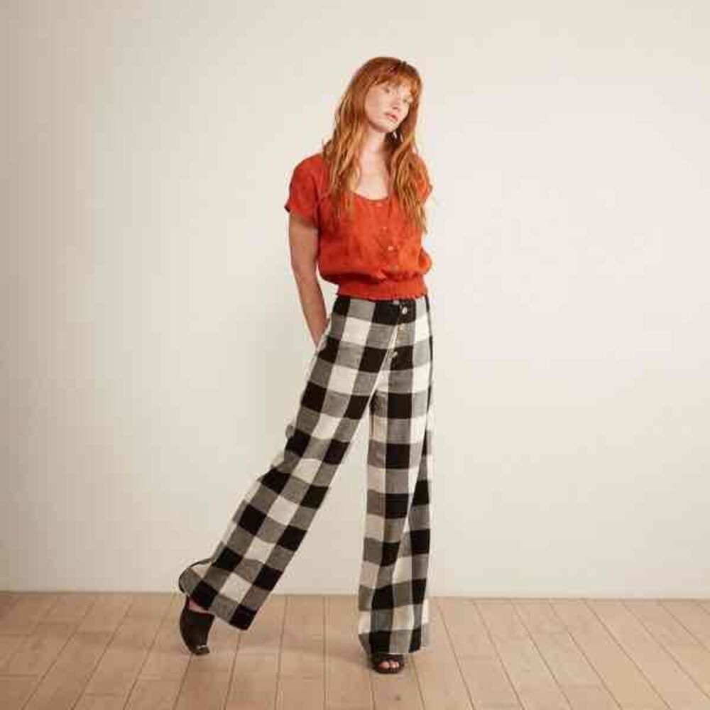 THE ODELLS Black White Checkered High Waisted Wide Leg Cotton Linen Pants Size 2